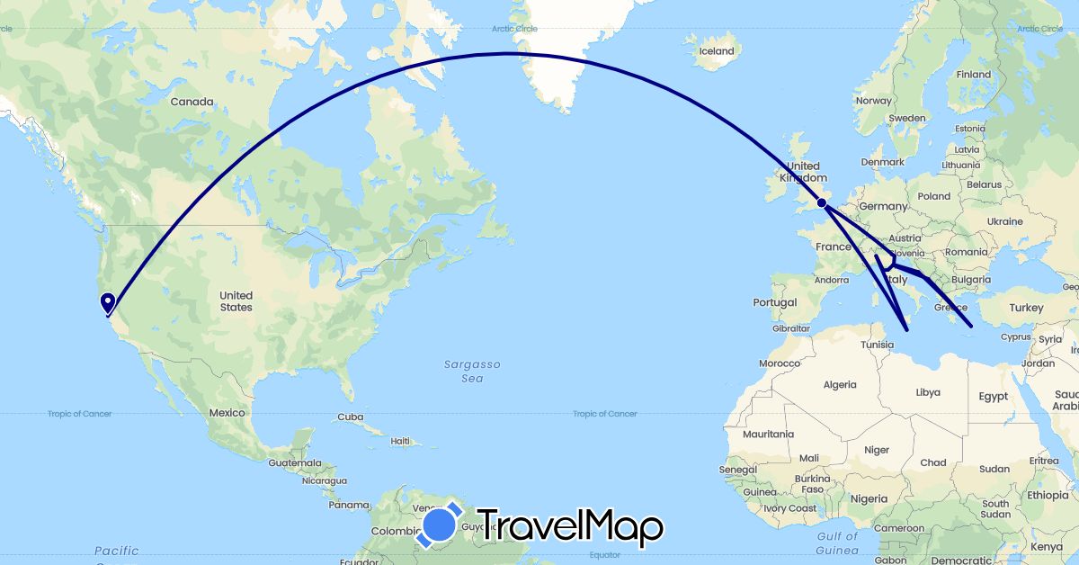 TravelMap itinerary: driving in United Kingdom, Greece, Croatia, Italy, Malta, United States (Europe, North America)